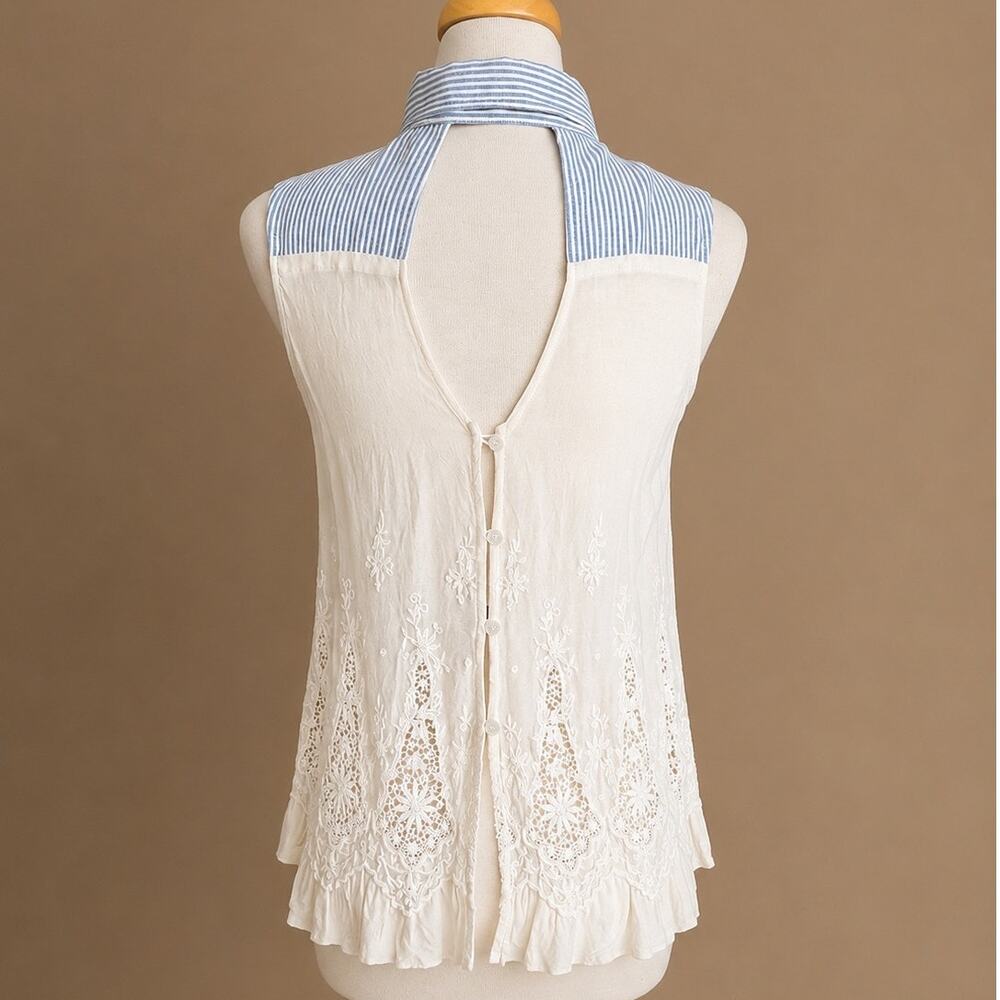 White Crow Sleeveless Button Front Soft Cream & Blue Embroidered Lace Cotton M - Picture 4 of 8